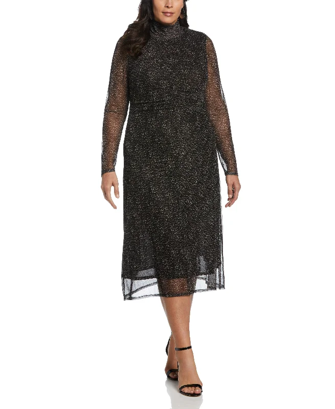 Plus Size Mock Neck Mesh Midi Dress