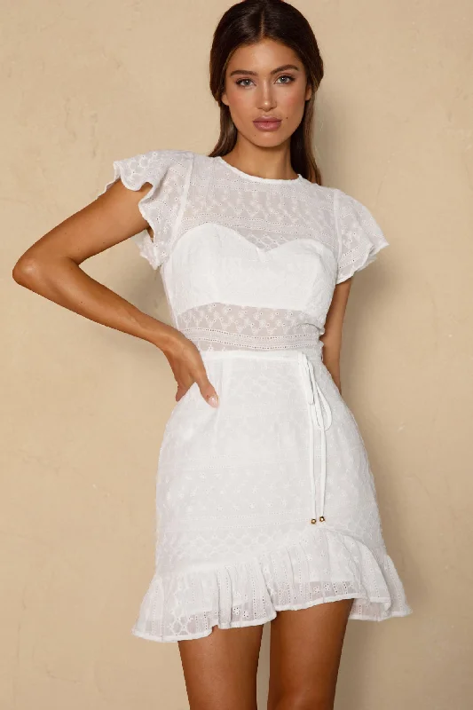 Moving On Flutter Sleeve String Tie Waist Eyelet Mini Dress White