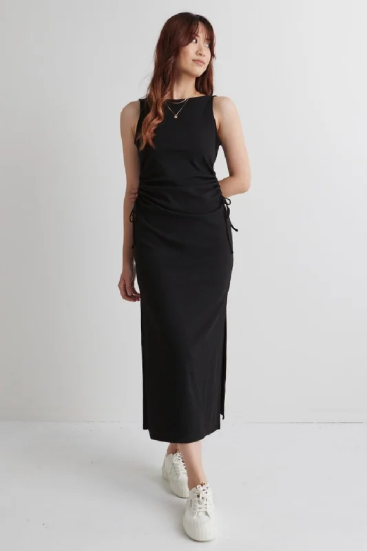 Night Out Black Rib Rouched Sleeveless Maxi Dress