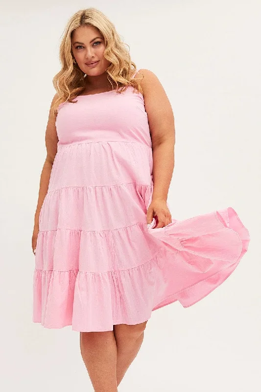 Pink Midi Dress Strappy Tiered Cotton