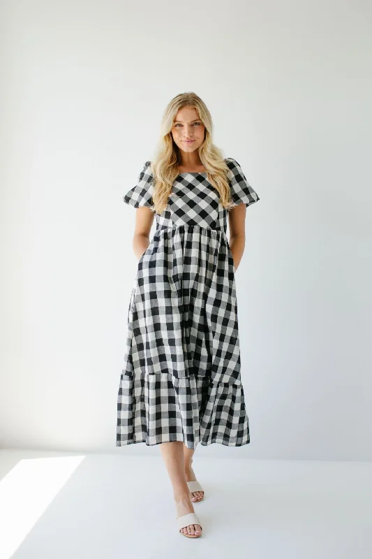 'Prudence' Gingham Bubble Sleeve Midi Dress in Black FINAL SALE