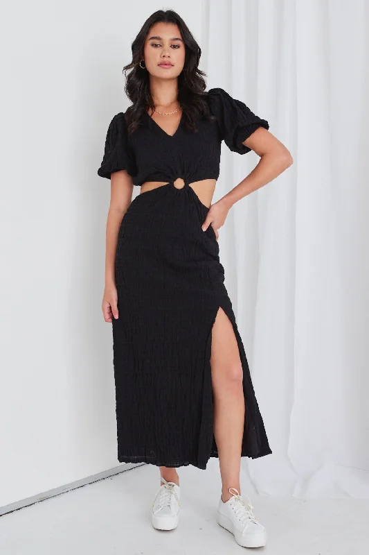 Skyler Black Shirred Cotton SS Cut Out Maxi Dress