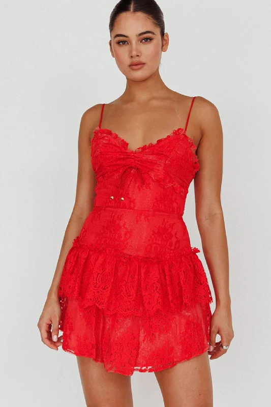 St Tropez Cami Strap Frill Trim Lace Mini Dress Red