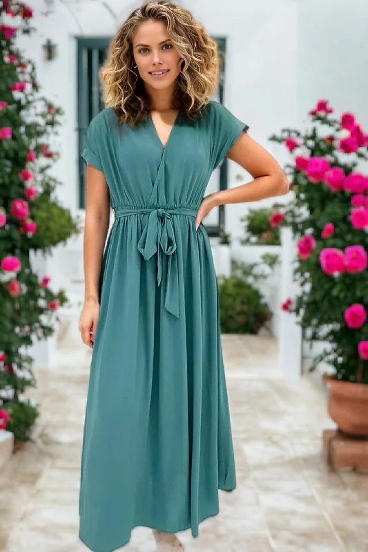 V Neck Wrap Pleated Short Sleeve Maxi Dress