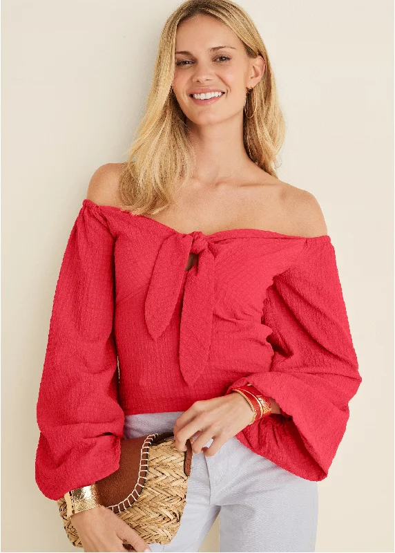 Textured Tie Front Top - Red