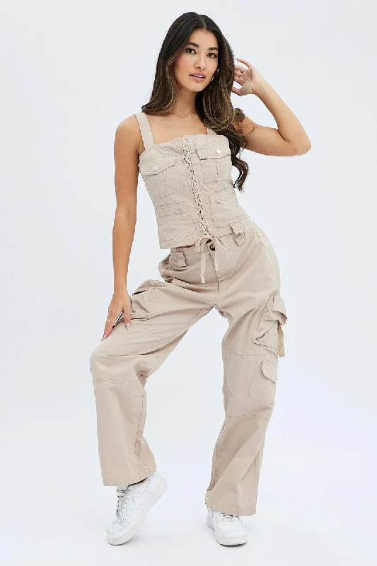 Beige Cargo Pants Low Rise