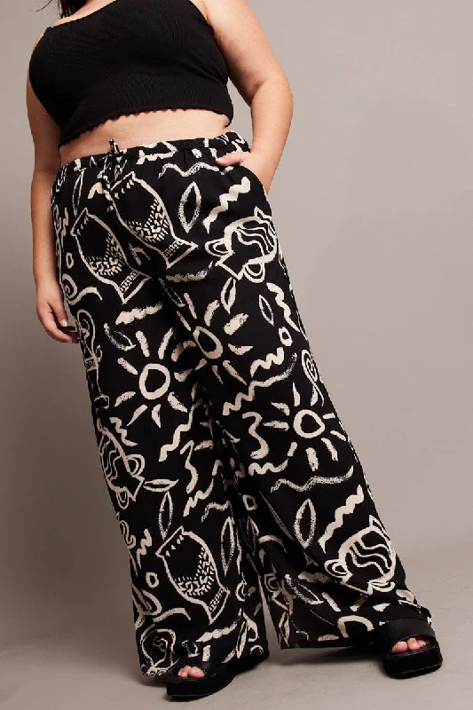 Black Abstract Wide Leg Pants High Rise