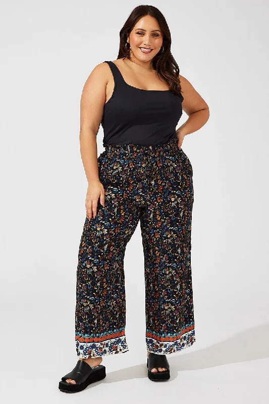 Black Boho Wide Leg Pants High Rise