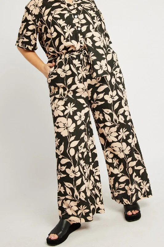 Black Floral Drawstring Wide Leg Linen Pants