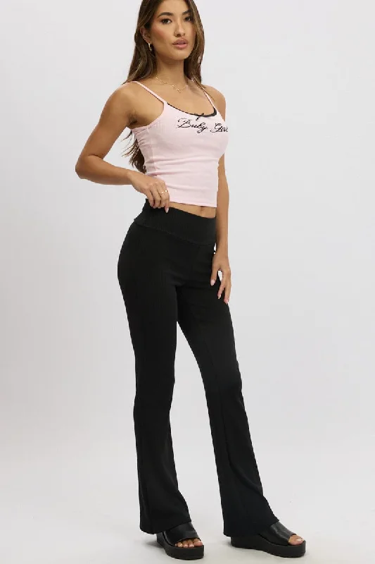 Black Fold Back Flare Leg Pants