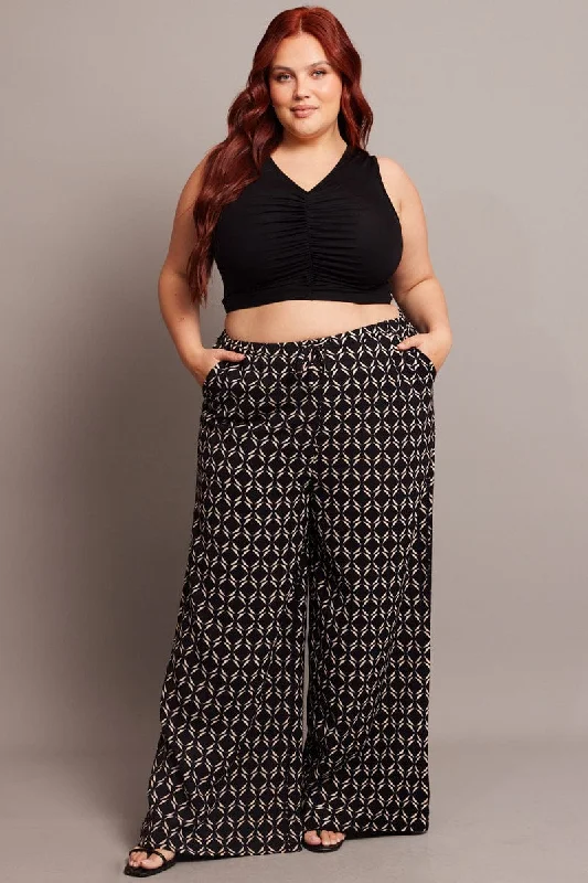 Black Geo Wide Leg Pants High Rise