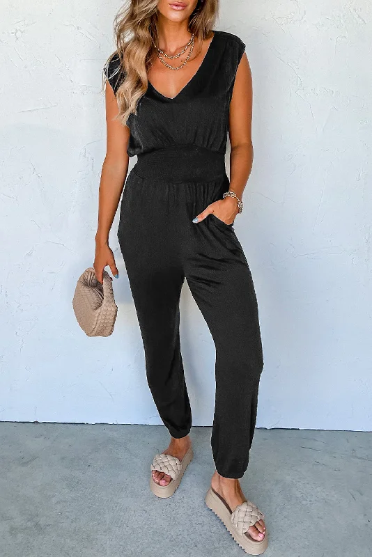 Shirred High Waist Sleeveless V Neck Jumpsuit