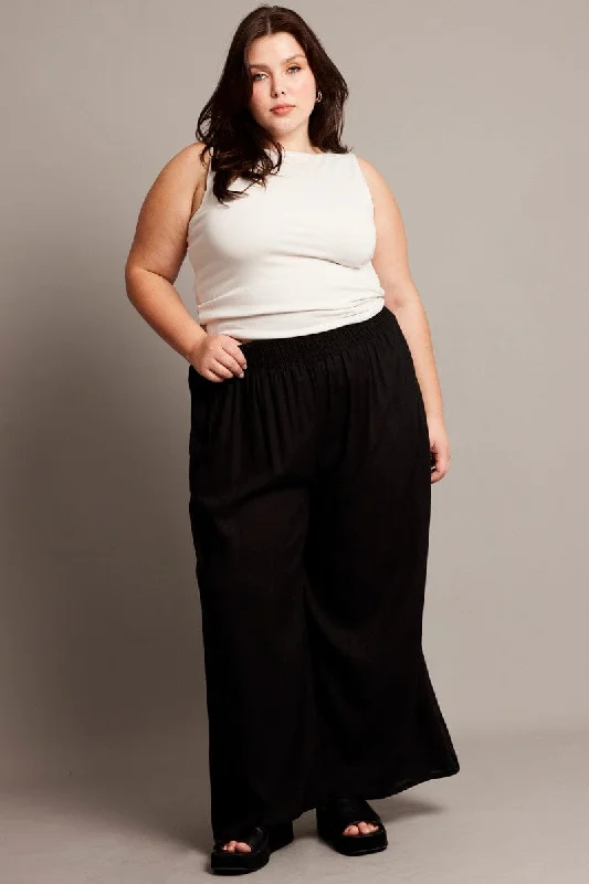 Black Shirred Waist Wide Leg Pants