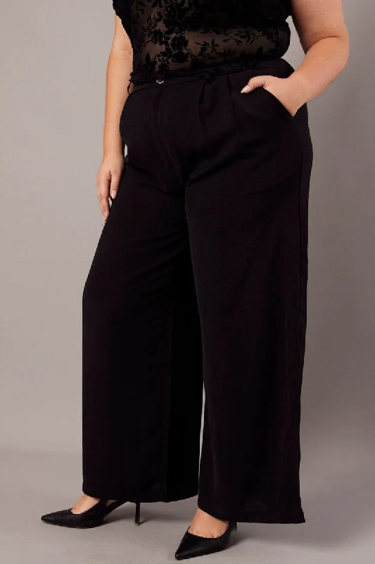 Black Wide Leg Pants High Waist Button Front