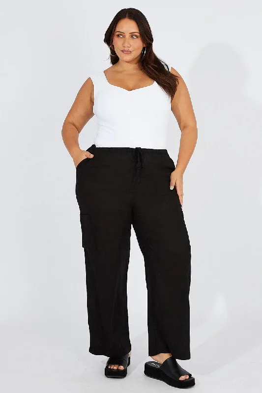 Black Wide Leg Pants Mid Rise Linen Blend