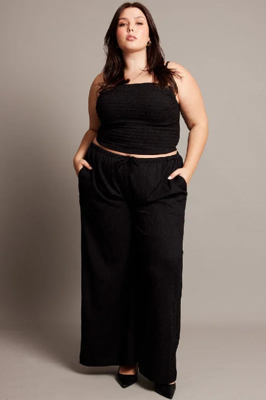 Black Wide Leg Textured Pants