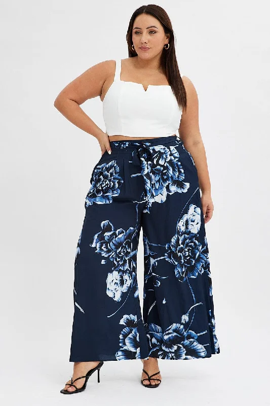 Blue Abstract Wideleg Pants Tie Waist Crepe