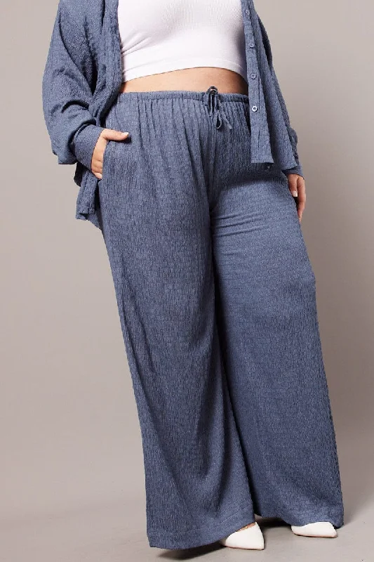 Blue Wide Leg Pants High Rise Textured Fabric