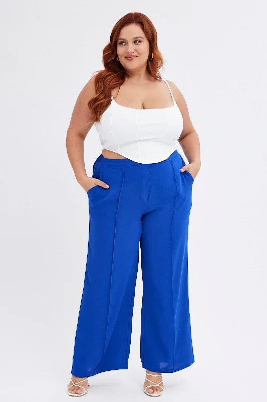 Blue Wideleg Pants Seam Front Elastic Waist Crepe