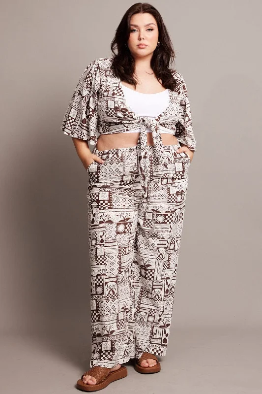 Brown Abstract Wide Leg Pants High Rise