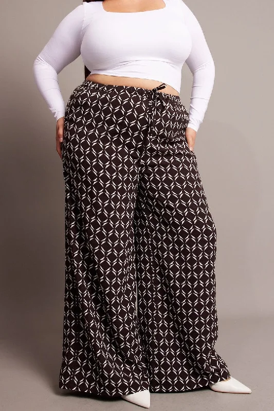 Brown Geo Wide Leg Pants High Rise