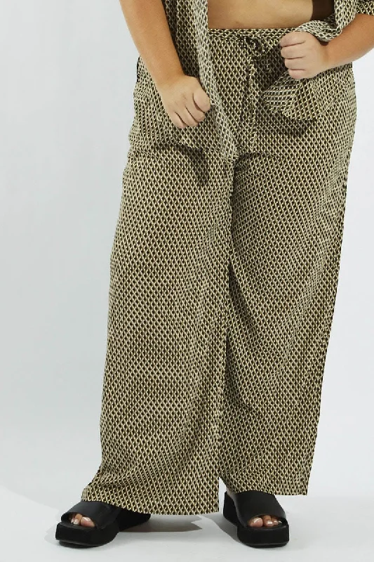 Brown Geo Wide Leg Pants High Rise