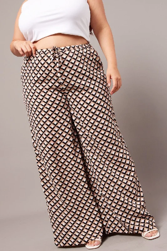 Brown Geo Wide Leg Pants High Rise