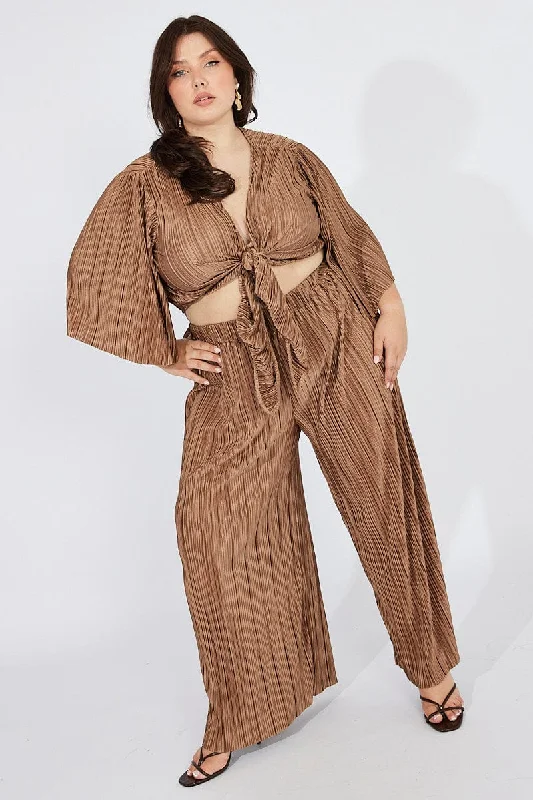 Brown Plisse Pants Wide Leg High Rise