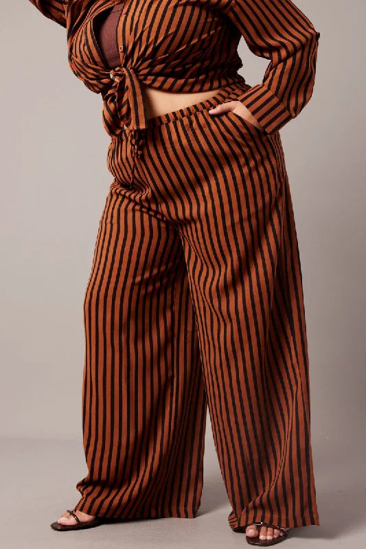 Brown Stripe Wide Leg Pants High Rise