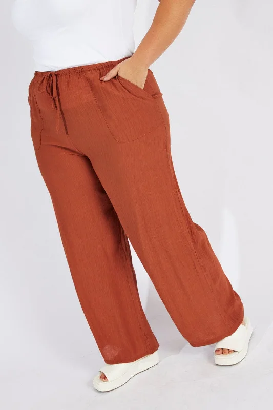 Brown Wide Leg Pants High Rise