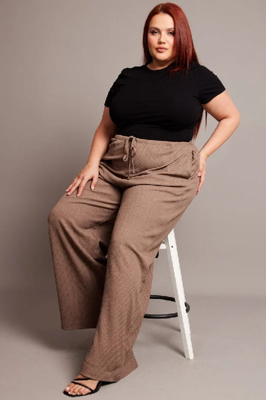 Brown Wide Leg Pants High Rise Textured Fabric