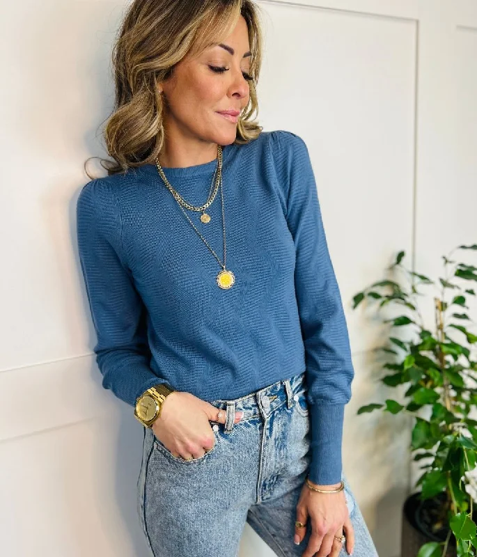 Dusky Blue Textured Blouson Sleeve Jumper