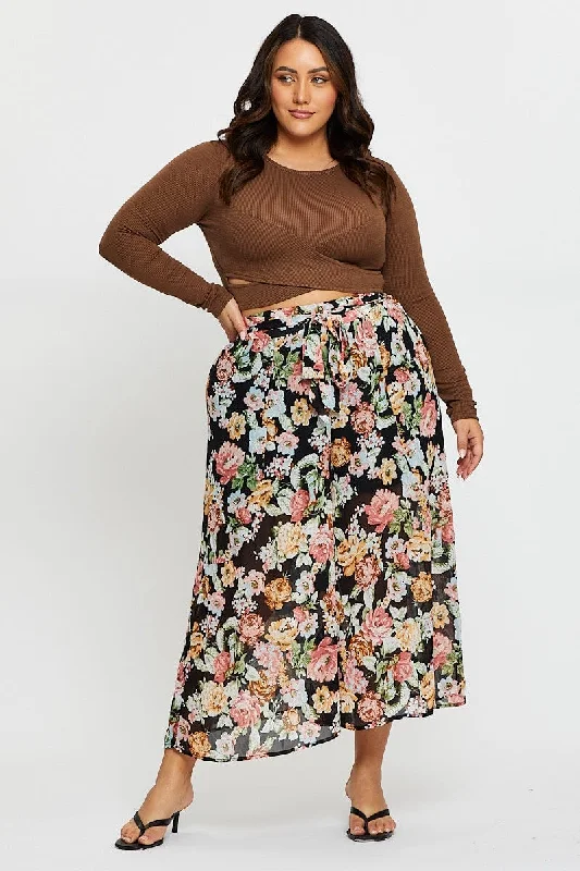 Floral Print Wide Leg Pants High Rise