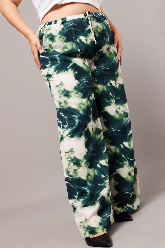 Green Abstract Wide Leg Pants High Rise