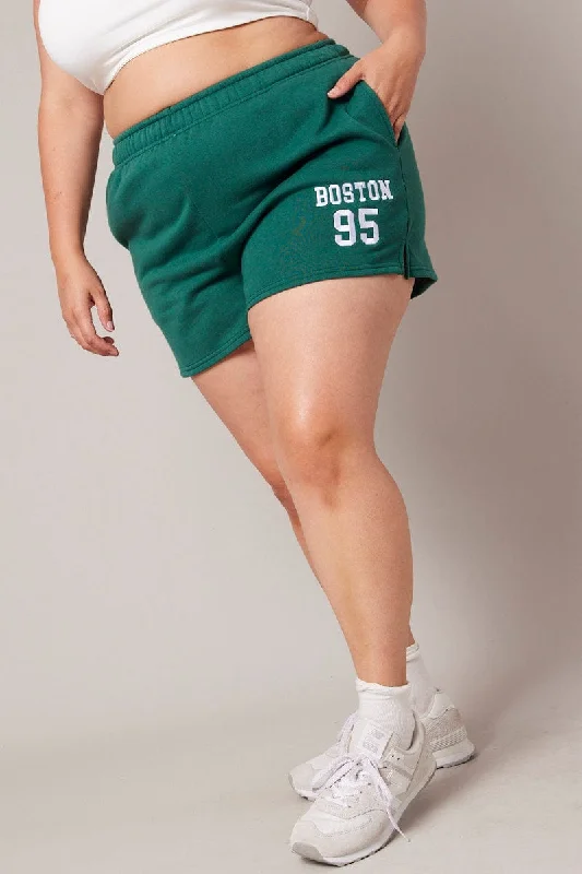 Green Track Shorts High Rise Elastic Waist