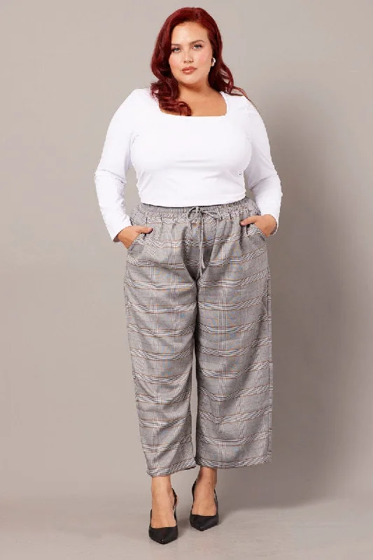 Grey Check Tapered Pants Elasticated Waist Cropped