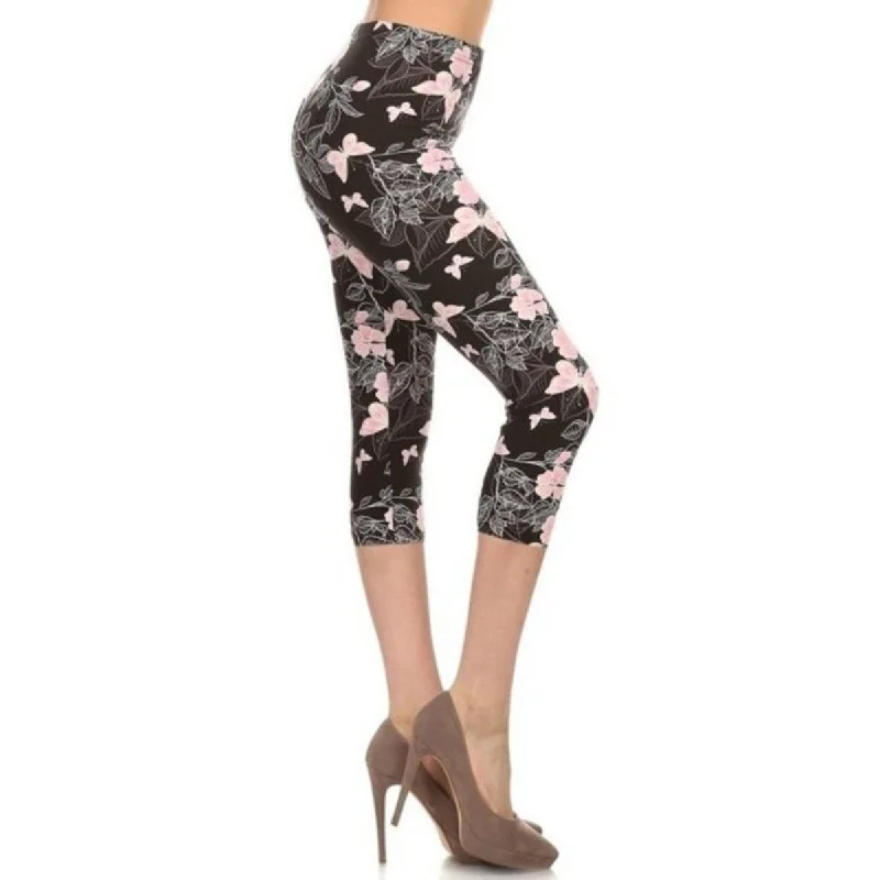 Multi-color Print Cropped Capri Leggings In A Fitted Style With A Banded High Waist