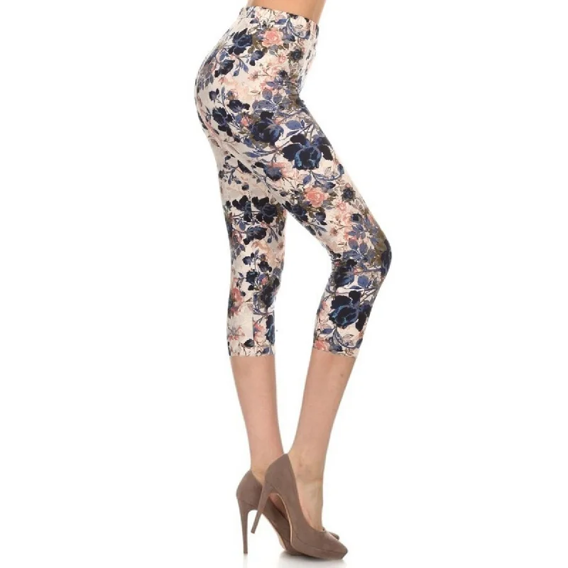 Multi-color Print Cropped Capri Leggings In A Fitted Style With A Banded High Waist