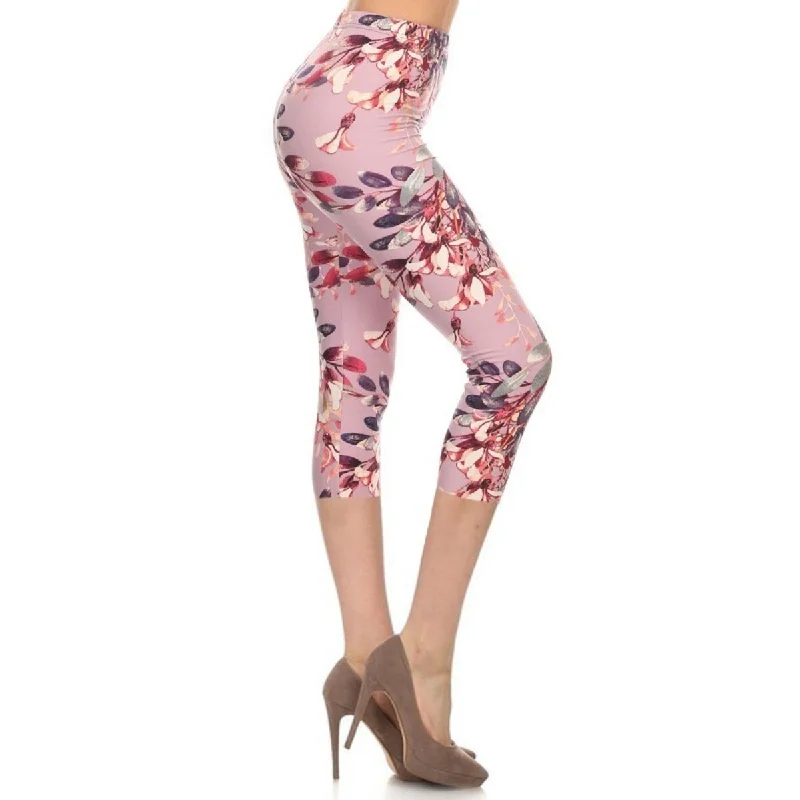 Multi-color Print Cropped Capri Leggings In A Fitted Style With A Banded High Waist