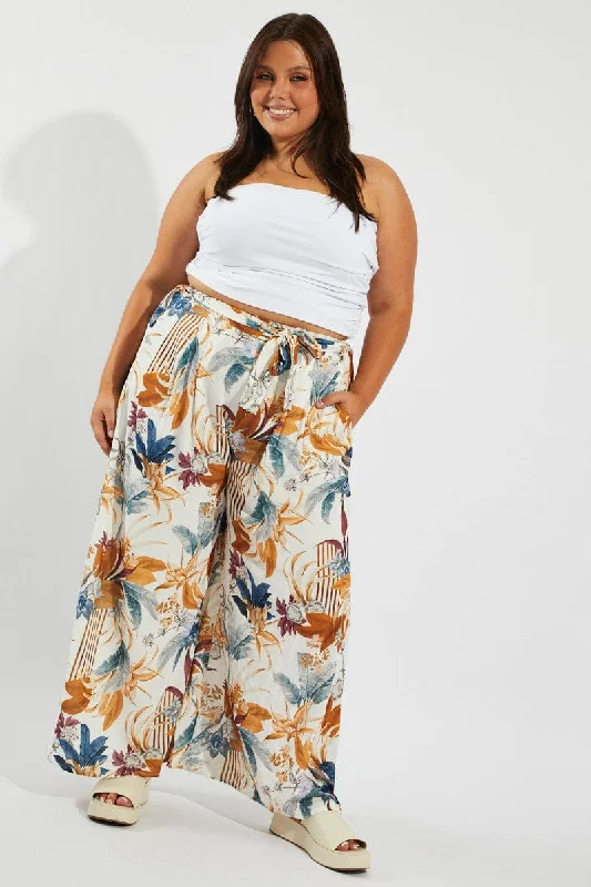 Multi Floral Wide Leg Pants Belted