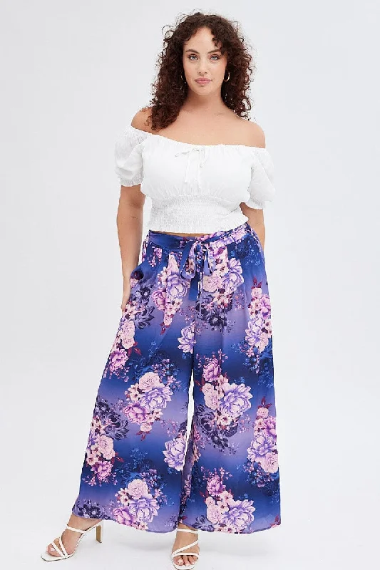 Multi Floral Wide Leg Pants High Rise Belted