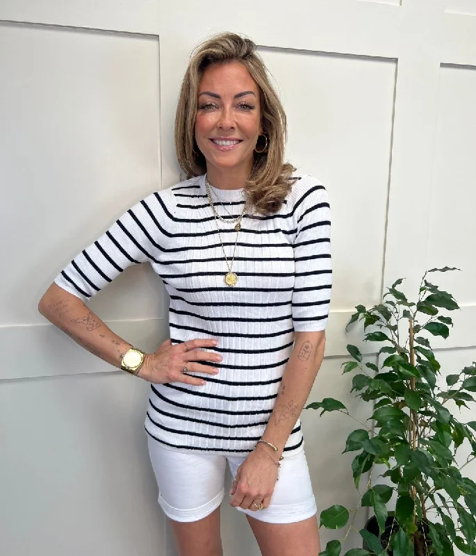 Navy & White Striped Ribbed Short Sleeve Jumper