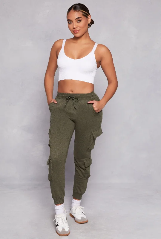 Fleece High Waist Drawstring Cargo Joggers