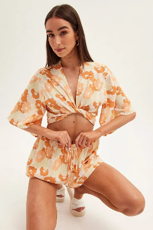 Orange Floral Mini Short Elastic Waist Floral Print