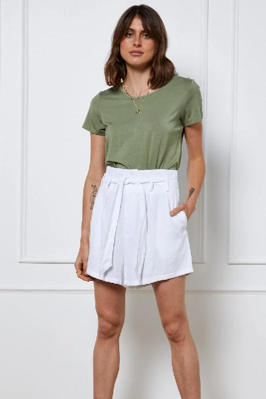 White Belted Shorts High Waist Linen