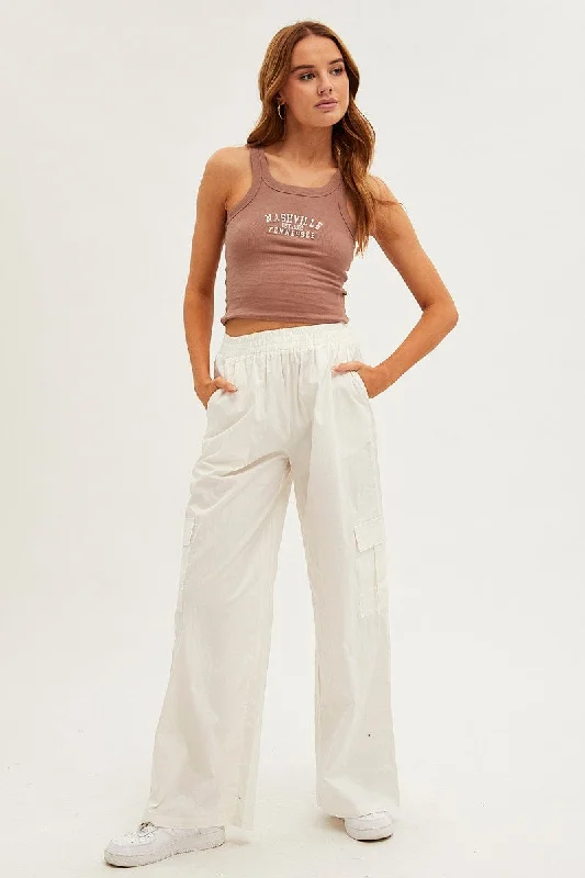 White Wide Leg Cargo Pants High Rise