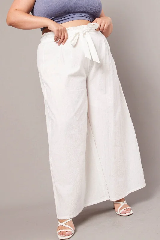 White Wide Leg Pants High Rise Waist Tie Crop