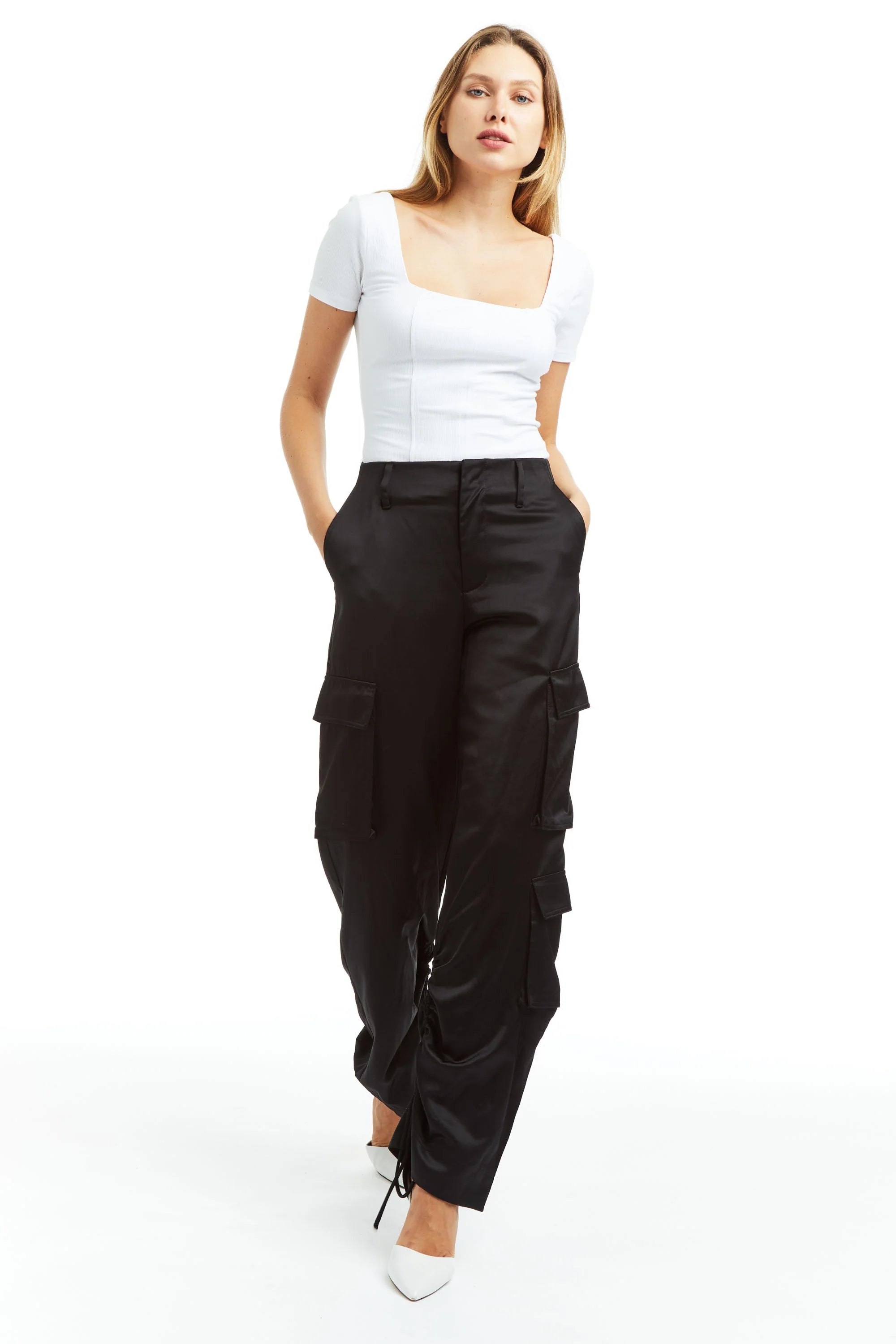 Wide Leg Satin Cargo Pant - Black